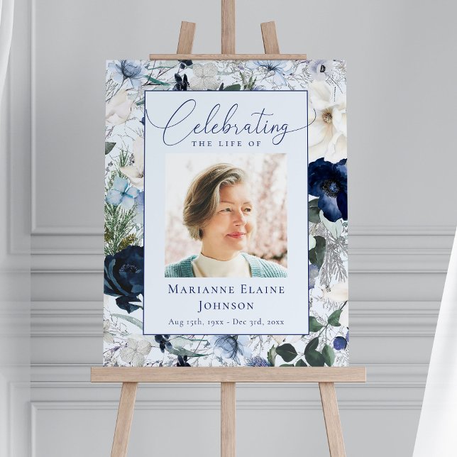 Modern Blue Floral Celebration of Life Welcome Foam Board (Creator Uploaded)