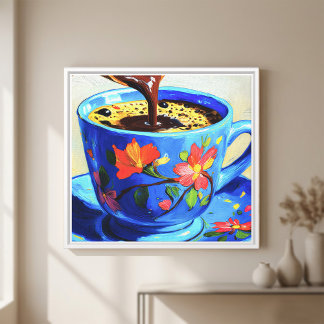Modern Blue Floral Coffee Cup Square Canvas Print