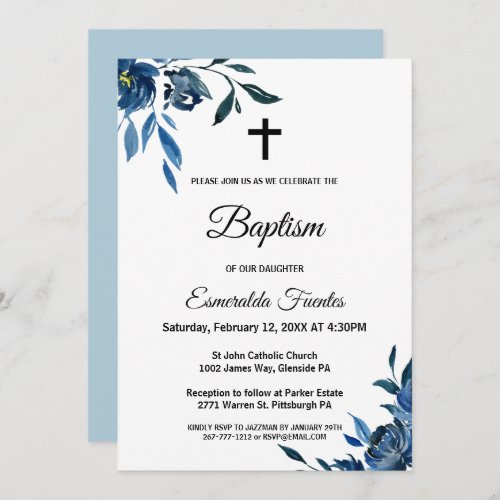 Modern Blue Floral Cross Baptism Invitation