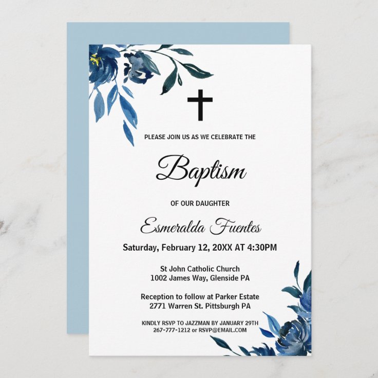 Modern Blue Floral Cross Baptism Invitation 