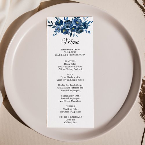 Modern Blue Floral Dinner Menu Card