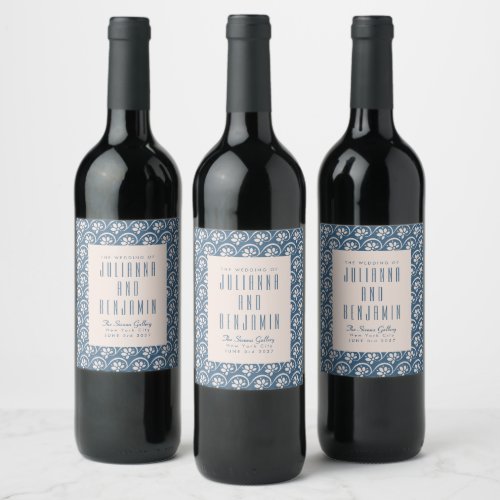 Modern Blue Floral Elegant Custom Wedding Wine Label