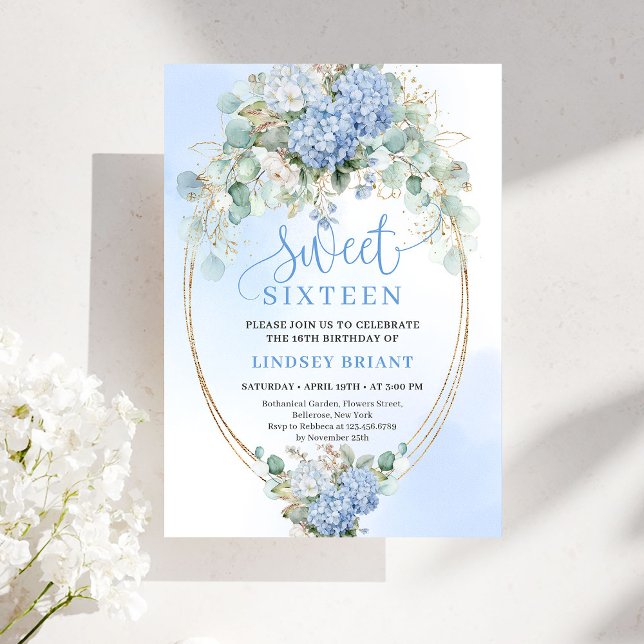 Modern Blue Floral Eucalyptus Gold Sweet 16 Invite (Modern Blue Floral Eucalyptus Gold Sweet 16 Invite)