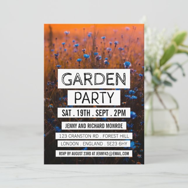 Modern Blue Floral, Garden Party Invitation (Standing Front)