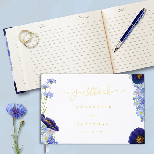 Modern Blue Floral Gold foil Wedding Foil Guest Book