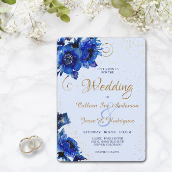 Modern Blue Floral Gold Swirl Wedding Invitation by Westerngirl2 at Zazzle