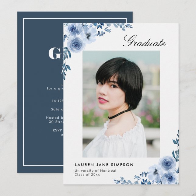 Modern blue floral graduation announcement (Front/Back)