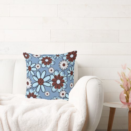 Modern Blue Floral Illustration Throw Pillow
