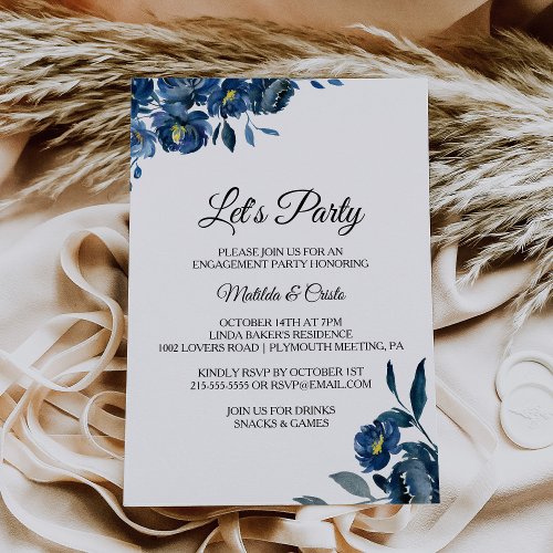 Modern Blue Floral Lets Party Invitation