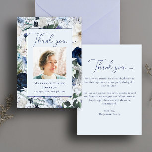 Modern Blue Floral Memorial Celebration of Life Thank You Card