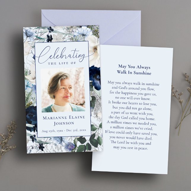 Modern Blue Floral Memorial Funeral Prayer Card (Creator Uploaded)