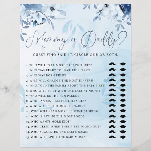 Modern Blue Floral Mommy or Daddy Baby Shower Game