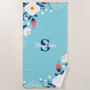Modern Blue Floral Monogram Beach Towel