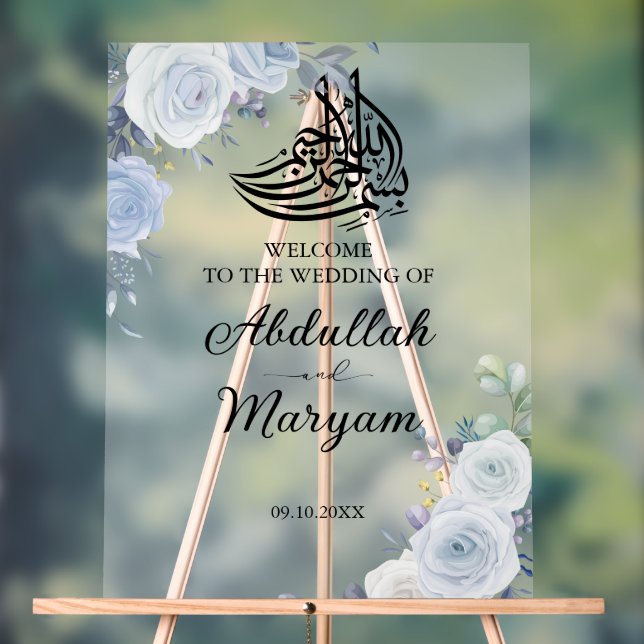 Modern Blue Floral Muslim Islamic Wedding Welcome  Acrylic Sign (Neutral)