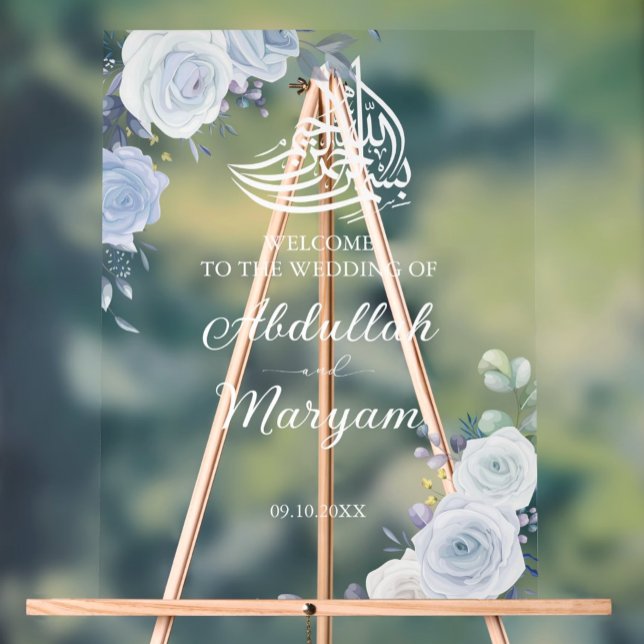 Modern Blue Floral Muslim Islamic Wedding Welcome  Acrylic Sign (Creator Uploaded)