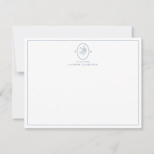 Modern, Blue Floral Oval Monogram Note Card