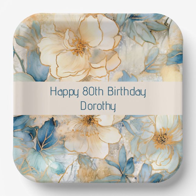 Modern Blue Floral Paper Plates (Front)