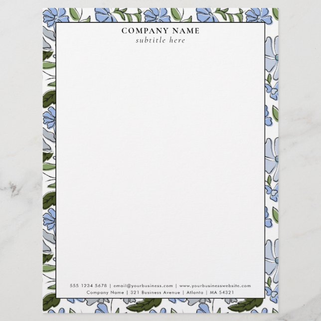 Modern Blue Floral Pattern Company Name Details Letterhead (Front)