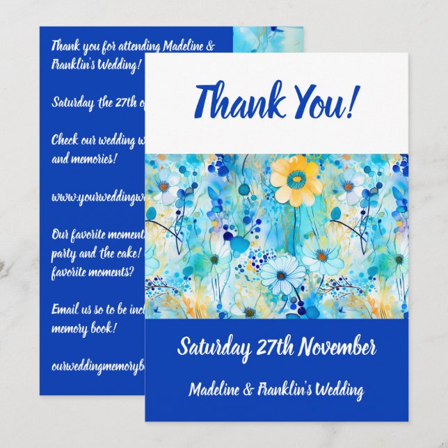 Modern Blue Floral Print Wedding Fun Thank You Card (Front/Back)