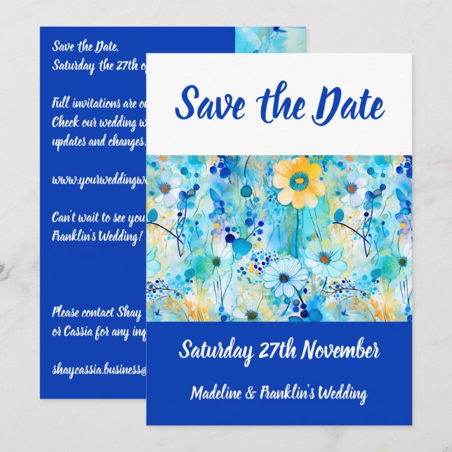 Modern Blue Floral Print Wedding Save The Date (Front/Back)