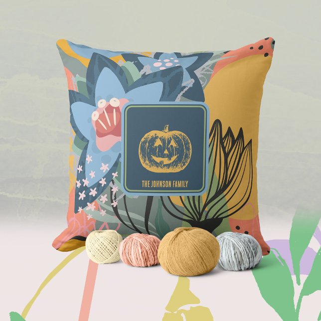 Modern Blue Floral Pumpkin Throw Pillow (Blue Burnt Orange Fall Pumpkin Floral Throw Pillow ©Susanne Sachers - Sunny Mind Design 🌞)