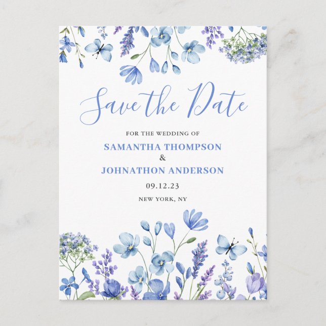 Modern Blue Floral Save The Date Announcement Postcard (Front)