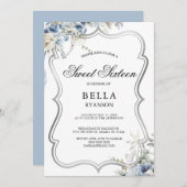 Modern Blue Floral Silver Sweet Sixteen Invitation (Front/Back)