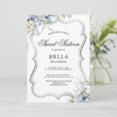 Modern Blue Floral Silver Sweet Sixteen Invitation (Standing Front)