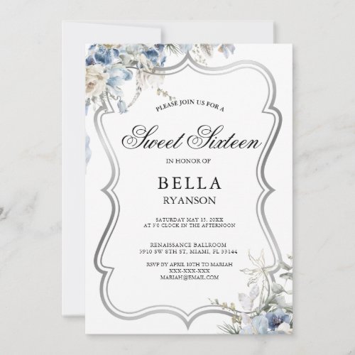 Modern Blue Floral Silver Sweet Sixteen Invitation