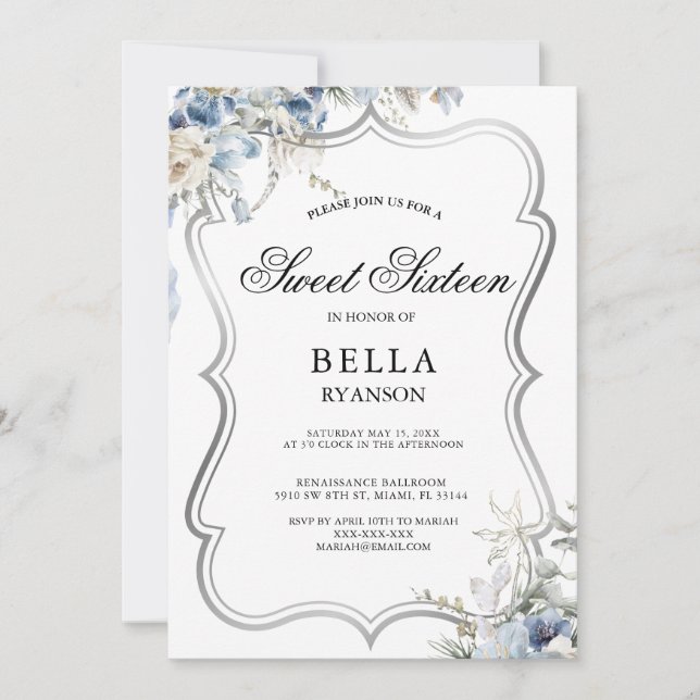 Modern Blue Floral Silver Sweet Sixteen Invitation (Front)