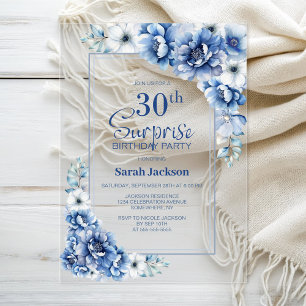 Modern Blue Floral Surprise 30th Birthday Party Acrylic Invitations