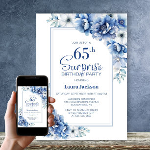 Modern Blue Floral Surprise 65th Birthday Party Invitation