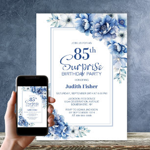 Modern Blue Floral Surprise 85th Birthday Party Invitation
