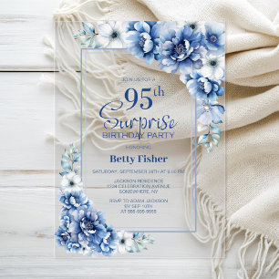 Modern Blue Floral Surprise 95th Birthday Party Acrylic Invitations