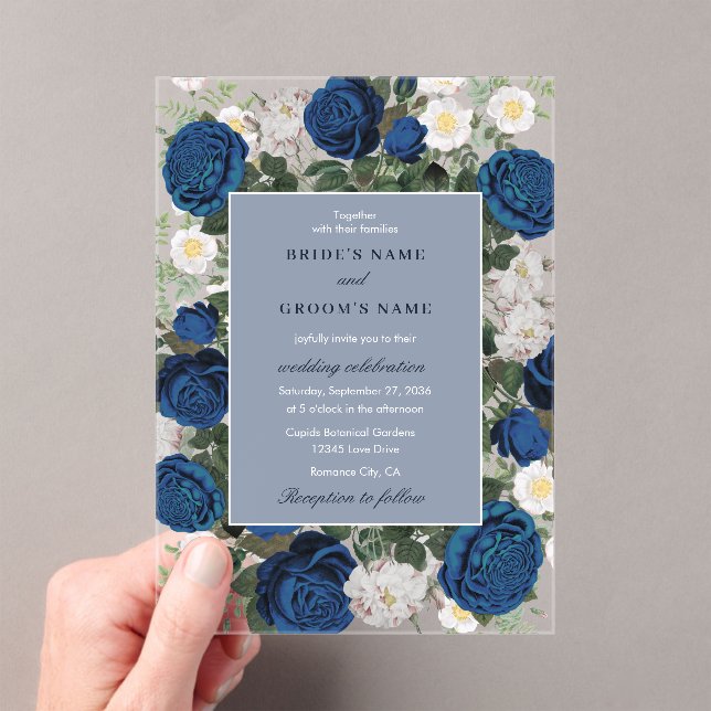 Modern Blue Floral Watercolor Elegant Wedding Acrylic Invitations (Insitu (Handheld))
