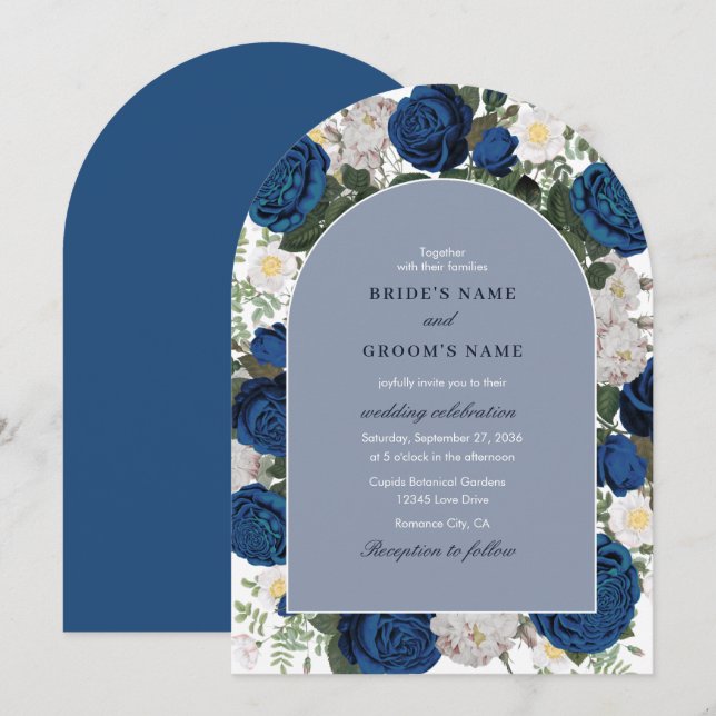 Modern Blue Floral Watercolor Elegant Wedding Arch Invitation (Front/Back)