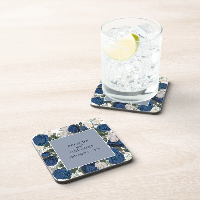 Modern Blue Floral Watercolor Elegant Wedding  Beverage Coaster (Right Side)