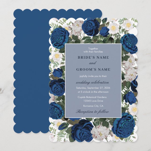 Modern Blue Floral Watercolor Elegant Wedding  Invitation (Front/Back)