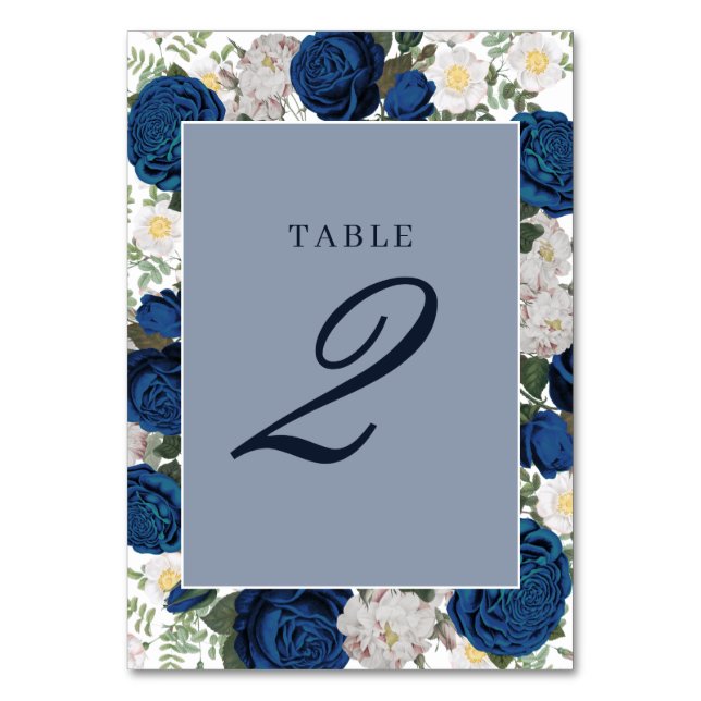 Modern Blue Floral Watercolor Elegant Wedding  Table Number (Front)