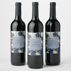 Modern Blue Floral Watercolor Elegant Wedding Wine Label