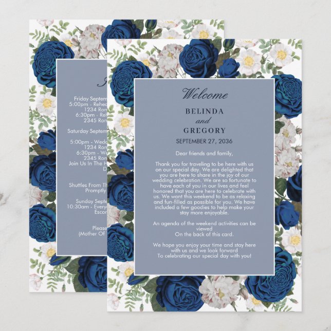 Modern Blue Floral Watercolor Wedding Itinerary (Front/Back)