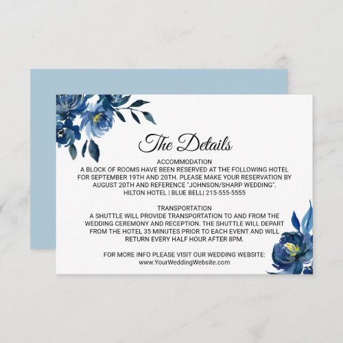 Modern Blue Floral Wedding Details Insert Card