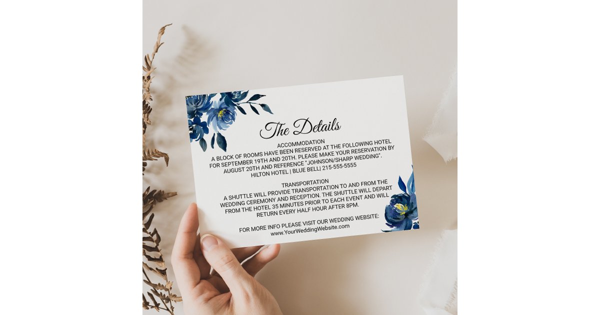 Modern Blue Floral Wedding Details Insert Card | Zazzle