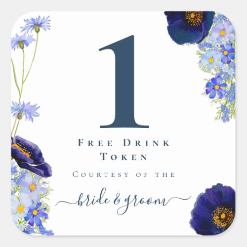 Modern Blue Floral Wedding Drink Token Square Sticker