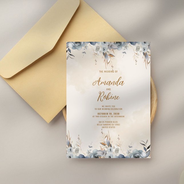 Modern Blue Floral Wedding Invitation (Creator Uploaded)