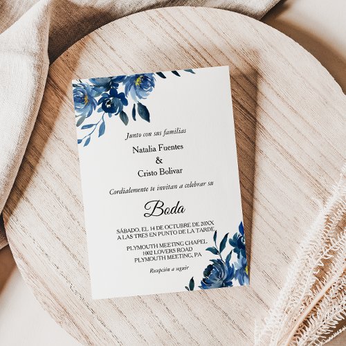Modern Blue Floral Wedding Invitation