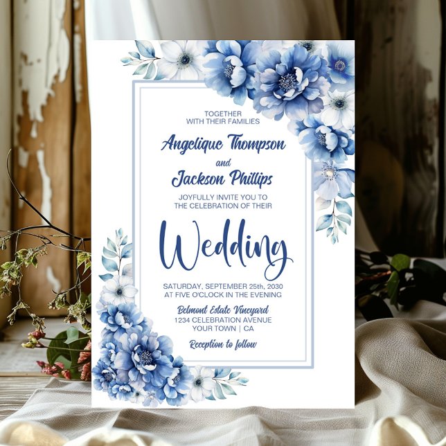 Modern Blue Floral Wedding Invitation (Creator Uploaded)