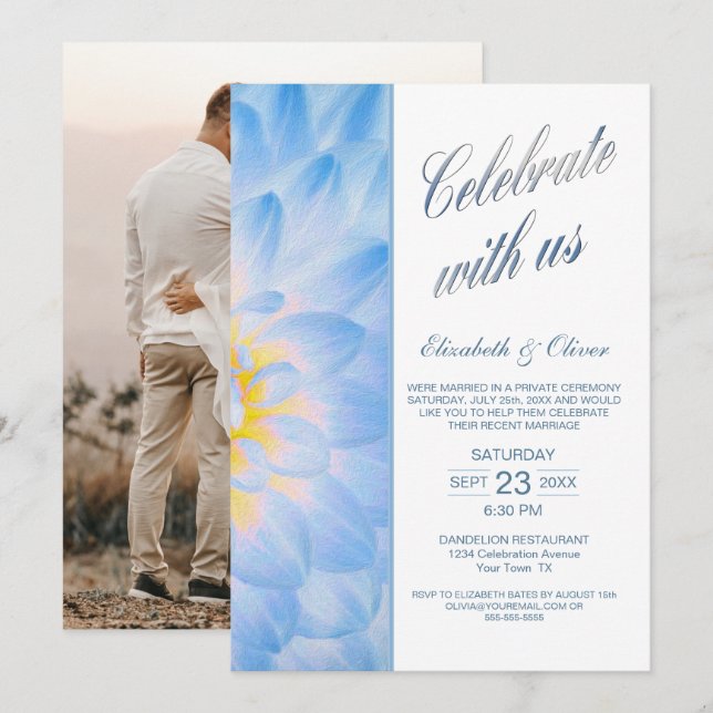 Modern Blue Floral Wedding Reception Invitation (Front/Back)
