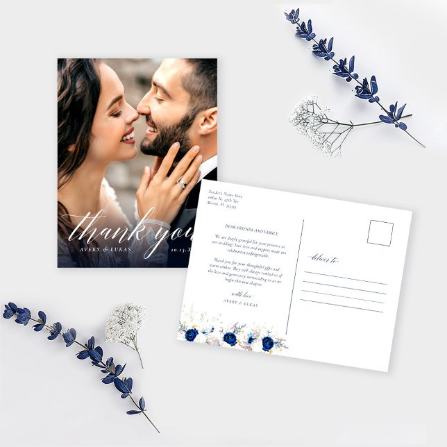 Modern Blue Floral Wedding Thank You Postcard (Creator Uploaded)