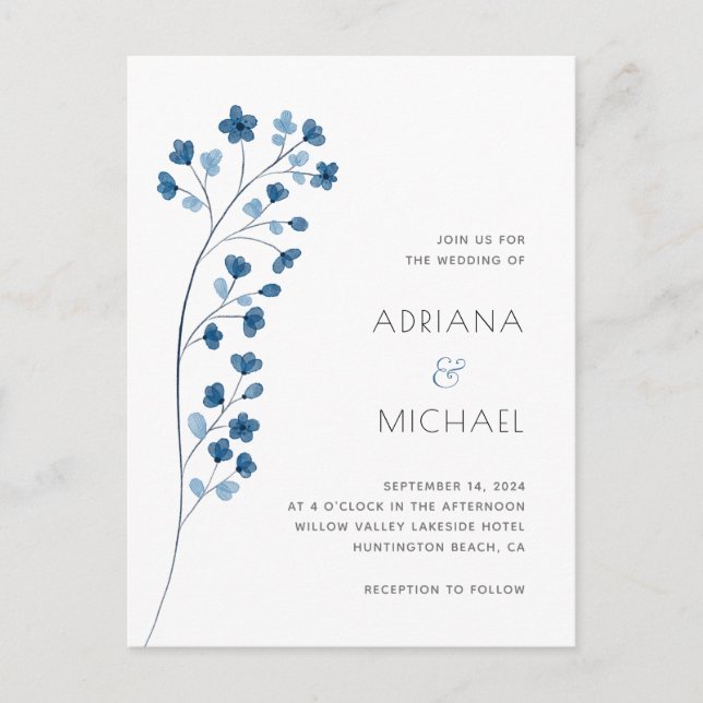 Modern  Blue Floral Wedding Website Invitation Postcard (Front)